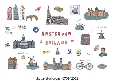 Amsterdam Holland city doodle objects cartoon vector city illustrations set