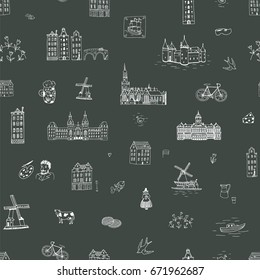 Amsterdam Holland city doodle objects cartoon vector seamless pattern