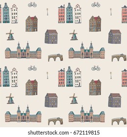 Amsterdam Holland city doodle objects cartoon vector seamless pattern