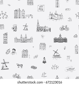 Amsterdam Holland city doodle objects cartoon vector seamless pattern