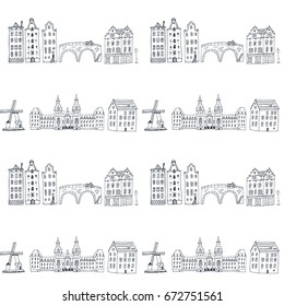 Amsterdam Holland city doodle objects cartoon vector seamless pattern
