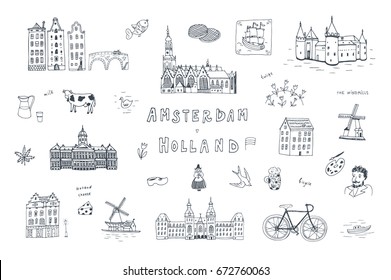 Amsterdam Holland city doodle objects cartoon vector city illustrations set