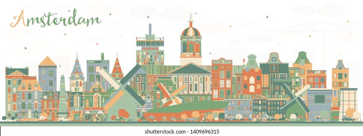 Amsterdam Holland City Skyline with Color Buildings. Vector Illustration. Business Travel and Tourism Concept with Historic Architecture. Amsterdam Netherlands Cityscape with Landmarks.