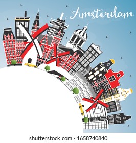 Amsterdam Holland City Skyline with Color Buildings, Blue Sky and Copy Space. Vector Illustration. Tourism Concept with Historic Architecture. Amsterdam Netherlands Cityscape with Landmarks.