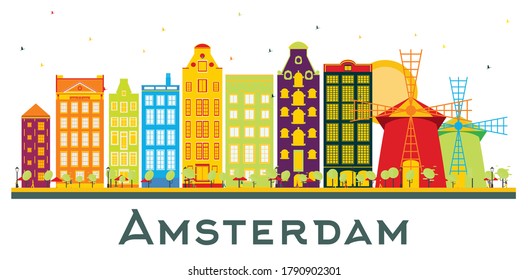 Amsterdam Holland City Skyline com edifícios coloridos isolados em branco. Ilustração de vetor. Business Travel and Tourism Concept com arquitetura histórica. Amsterdam Paisagem da Cidade dos Países Baixos.
