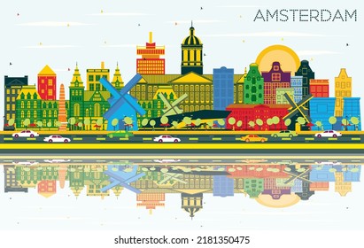 Amsterdam Holland City Skyline with Color Buildings, Blue Sky and Reflections. Vector Illustration. Tourism Concept with Historic Architecture. Amsterdam Netherlands Cityscape with Landmarks.