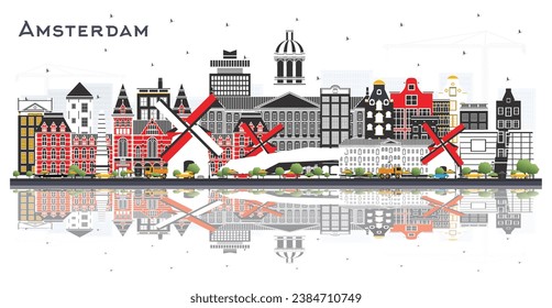 Amsterdam Holland City Skyline with Color Buildings and reflections Isolated on White. Vector Illustration. Tourism Concept with Historic Architecture. Amsterdam Netherlands Cityscape with Landmarks.