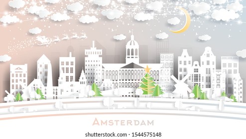 Amsterdam Holland City Skyline in Paper Cut Style with Snowflakes, Moon and Neon Garland. Vector Illustration. Christmas and New Year Concept. Santa Claus on Sleigh. 
