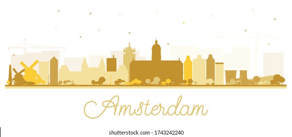 Amsterdam Holland City Skyline Silhouette with Golden Buildings Isolated on White. Vector Illustration. Tourism Concept with Historic Architecture. Amsterdam Netherlands Cityscape with Landmarks.
