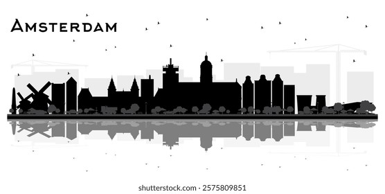 Amsterdam Holland City Skyline Silhouette with Black Buildings and reflections Isolated on White. Vector Illustration. Historic Architecture. Amsterdam Netherlands Cityscape with Landmarks. 