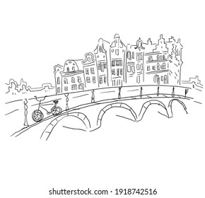 Amsterdam, Holland, Netherlands Europe. Dutch traditional historical buildings. Typical Dutch houses and bicycles. Hand drawing. Travel sketch. Book illustration, artistic postcard, poster