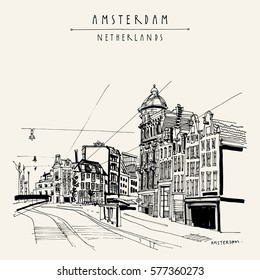 Amsterdam, Holland, Netherlands Europe. Street In Old Town, Tram Stop. Dutch Traditional Historical Buildings. Hand Drawing. Travel Sketch. Book Illustration, Postcard Or Poster In Vector