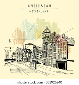 Amsterdam, Holland, Netherlands Europe. Street In Old Town, Tram Stop. Dutch Traditional Historical Buildings. Hand Drawing. Travel Sketch. Book Illustration, Postcard Or Poster In Vector