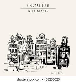 Amsterdam, Holland, Netherlands Europe. View of old center with a boat. Dutch traditional historical buildings. Hand drawing. Travel sketch. Book illustration, postcard or poster in vector