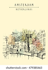 Amsterdam, Holland, Netherlands Europe. View of old center with bicycles. Dutch traditional historical buildings. Hand drawing. Travel sketch. Book illustration, postcard or poster template in vector