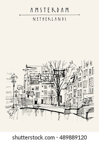 Amsterdam, Holland, Netherlands Europe. View of old center with bicycles. Dutch traditional historical buildings. Hand drawing. Travel sketch. Book illustration, postcard or poster template in vector