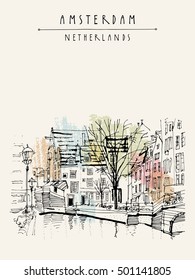 Amsterdam, Holland, Netherlands Europe. View of old center with bicycles. Dutch traditional historical buildings. Hand drawing. Travel sketch. Book illustration, postcard or poster template in vector