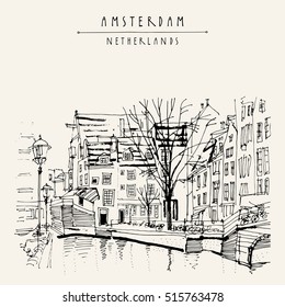 Amsterdam, Holland, Netherlands, Europe. View of old center with bicycles. Dutch traditional historical buildings. Hand drawing. Travel sketch. Book illustration, postcard or poster template in vector