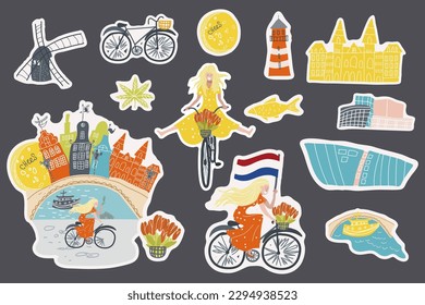 Amsterdam, Holland, Netherlands, hand drawn vector stickers for travel guide, poster, travel booklet, fashion design.