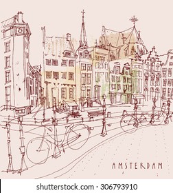 Amsterdam, Holland, Netherlands. View of old center with bicycles. Dutch historical buildings. Colored freehand drawing isolated vector. Travel postcard template with "Amsterdam" hand lettering