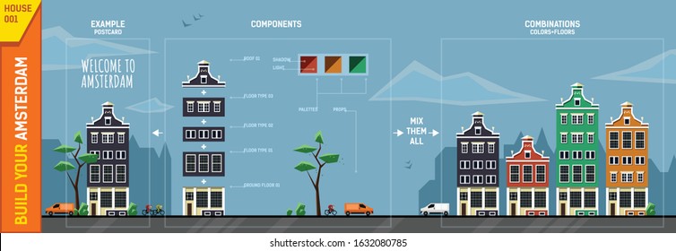 Amsterdam house constructor. Front view. Contains tree, bushes, car, bike rider and color palettes. Use module elements to build your own design of poster, banner, postcard, etc.