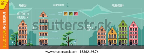 Amsterdam house
constructor. Front view. Contains tree, bushes, car, bike rider and
color palettes. Use module elements to build your own design of
poster, banner, postcard,
etc.
