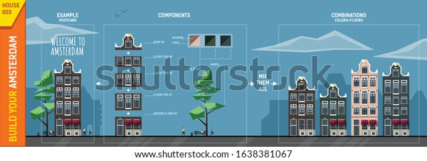 Amsterdam house\
constructor. Front view. Contains tree, bushes, car, bike rider and\
color palettes. Use module elements to build your own design of\
poster, banner, postcard,\
etc.