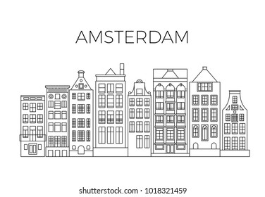 Amsterdam houses city panorama. Dutch street buildings vector skyline. Skyline street city architecture line style illustration