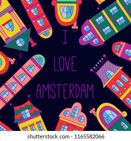 Amsterdam houses colorful cute vector icons banner template