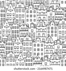 Amsterdam houses seamless pattern. European city. Hand drawn vector illustration. Black and white. Cartoon outline houses facades. Texture for print, textile, fabric, packaging.