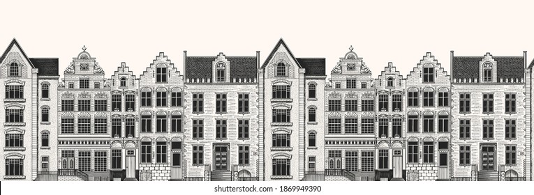 Amsterdam houses seamless pattern. Urban residential buildings. Scandinavian style. European city. Hand drawn monochrome doodle vector illustration 