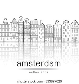 Amsterdam houses style Netherlands with reflection in the water canal cityscape traveling illustration vector on white background with copy space