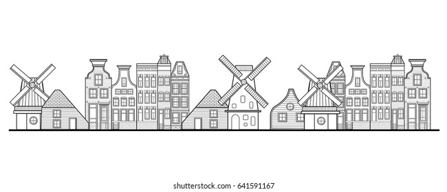 Amsterdam houses style Netherlands windmills, cityscape panorama traveling illustration vector on white background isolated with copy space