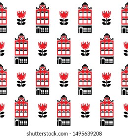 Amsterdam houses and tulips seamless vector pattern, Dutch buildings, Holland or Netherlands archictecture background. Old traditional Dutch houses repetitive decoration, town or city building