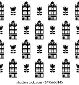 Amsterdam houses and tulips seamless vector pattern, Dutch buildings, Holland or Netherlands archictecture background in black and white. Old traditional Dutch houses repetitive monochrome decoration