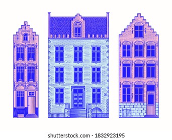 Amsterdam houses. Urban residential buildings. Scandinavian style. European city. Hand drawn monochrome doodle vector illustration 