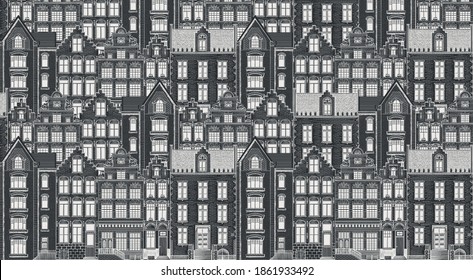 Amsterdam houses. Urban residential buildings. Scandinavian style. European city. Hand drawn monochrome doodle vector illustration 