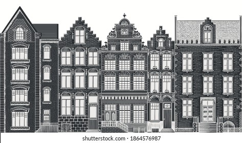 Amsterdam houses. Urban residential buildings. Scandinavian style. European city. Hand drawn monochrome doodle vector illustration 