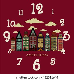 Amsterdam houses.Colorful vector illustration of old Amsterdam houses.Clock design