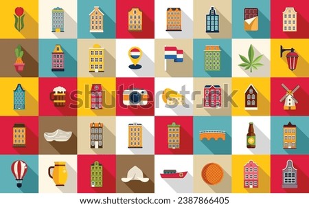 Amsterdam icons set flat vector. Europe house. Street travel city