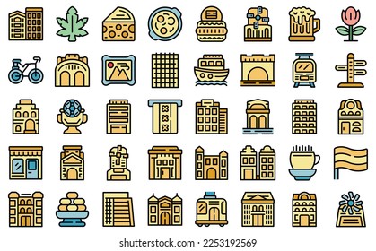 Amsterdam icons set outline vector. Europe house. Facade architecture color line flat isolated on white