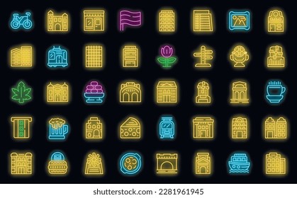 Amsterdam icons set outline vector. Europe house. Facade architecture neon color on black isolated