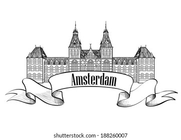 Amsterdam landmark. Central Railway Station, Netherlands historic building symbol. Hand drawn sketch icon