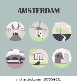 Amsterdam landmarks icons set. Application,architecture,bridge,buildings,canal,canals,capital,central station,city,country,cruise,culture,destination,dutch, europe, flat design.
