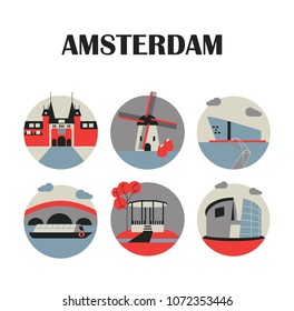 Amsterdam landmarks icons set, vector illustration. Rijksmuseum, centraal, central station, windmill, tulip, Zaanse Schans, NEMO science museum, canal boat, bridge, Vondelpark, Van Gogh museum.Symbols