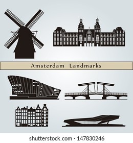 Amsterdam landmarks and monuments isolated on blue background in editable vector file