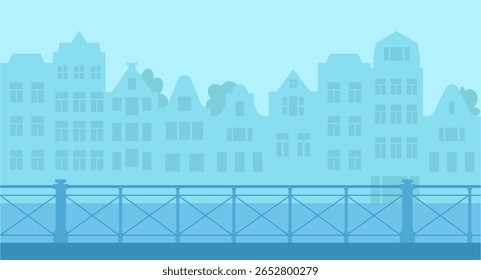 Paisagem Amesterdã com casas, canal e uma cerca, fundo monocromático com cidade europeia em estilo plano minimalista. Ilustração vetorial