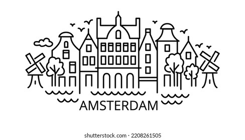 Amsterdam Line Art. Line art illustration of Holland city Amsterdam in minimalist style.