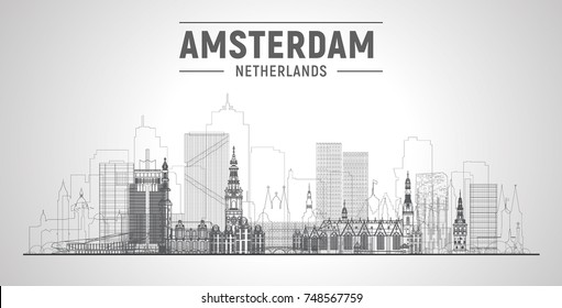 Amsterdam line skyline with panorama in white background. Vector Illustration. Business travel and tourism concept with modern buildings. Image for presentation, banner, web site.