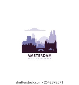 Amsterdam logo with skyline, cityscape retro vector icon. Netherlands, Holland city horizon, facade, travel logotype